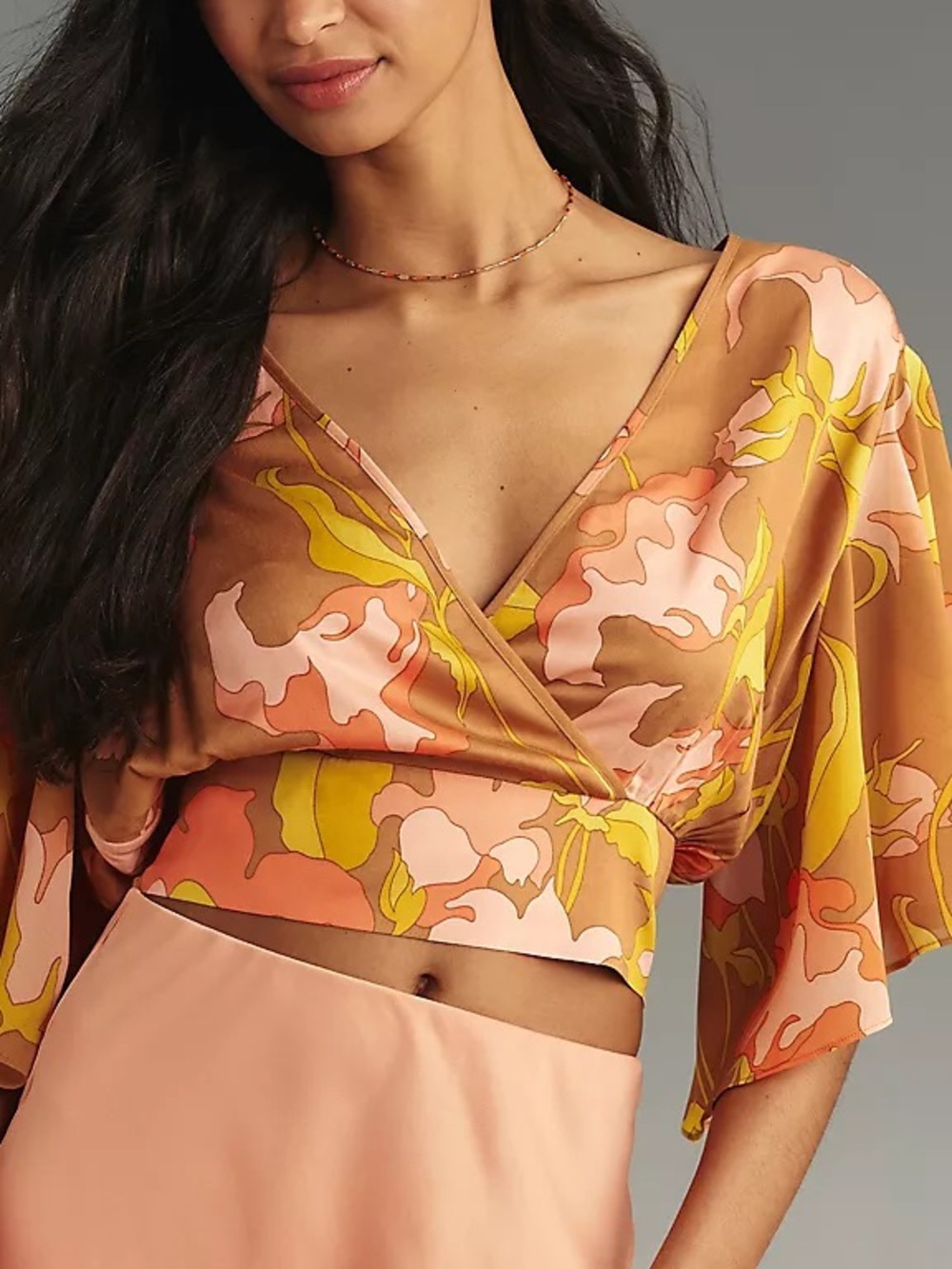 Tiny by Anthropologie Peach Floral Wrap Crop Top with Yellow Accents